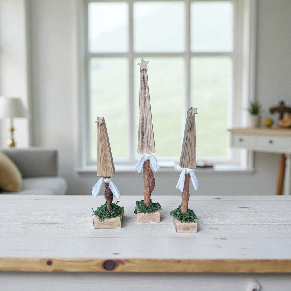 New Set of 3 Rustic Wooden Christmas Trees with Pine Stand and Wood Base